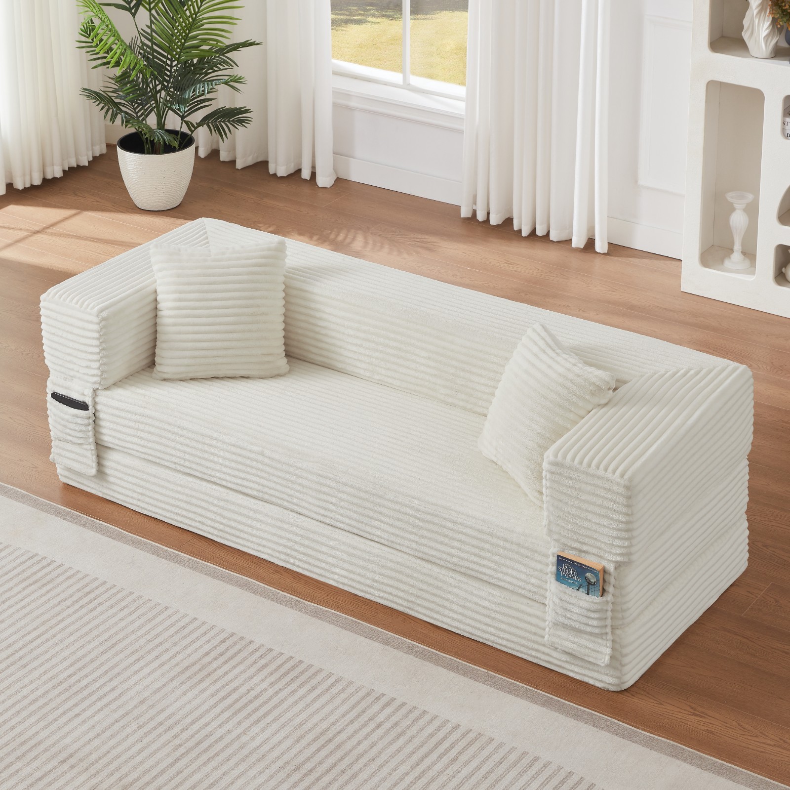 Stylish Convertible Cord Sofa Bed with Unique Two-Tier Design