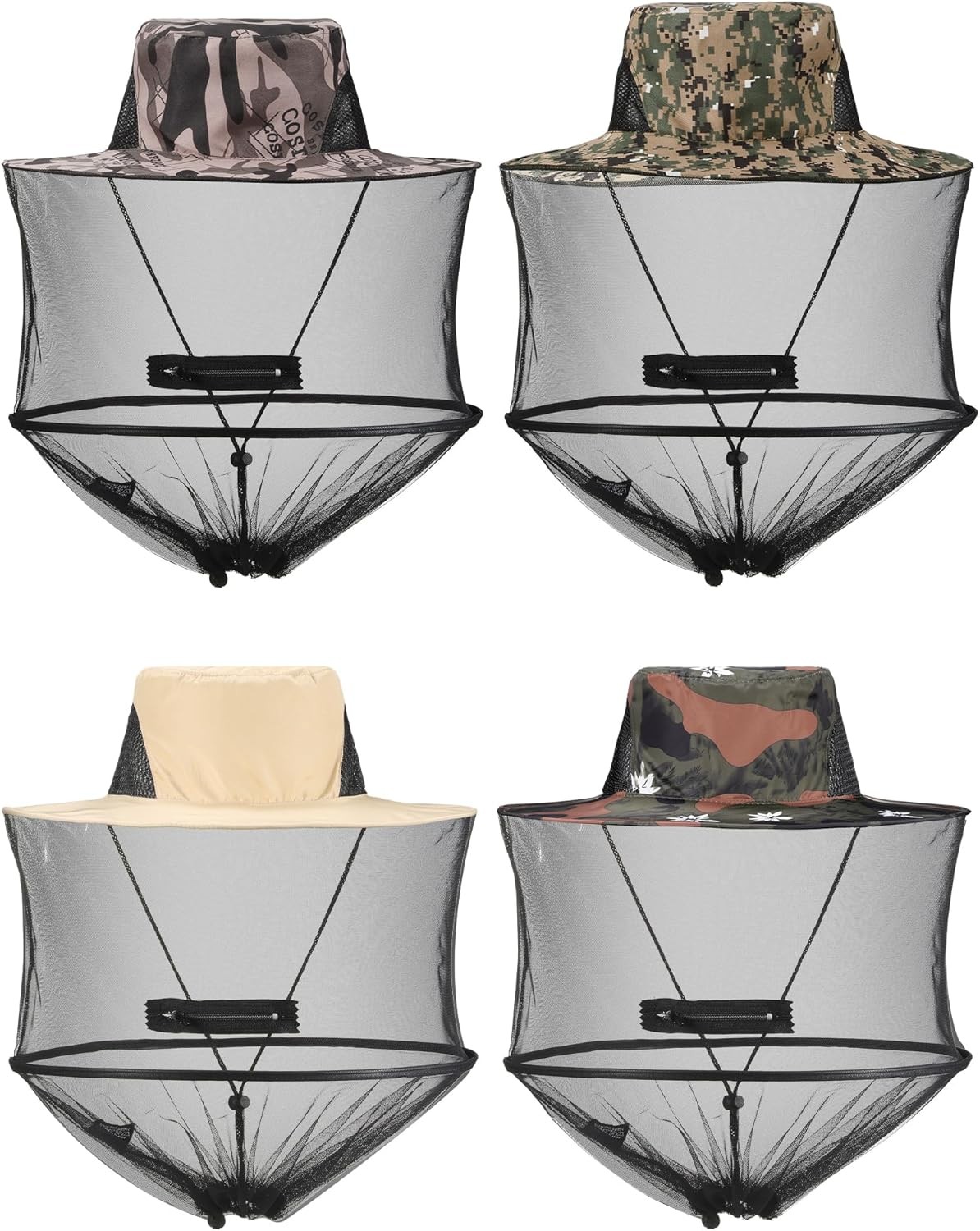 4 Pieces Mosquito Net Hat Mesh Sun Bug Face Hat Cover W/ Zipper Foldable Fly