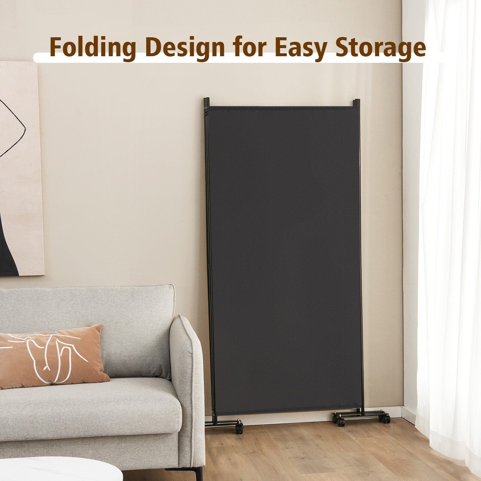 3-Panel Folding Room Divider 6Ft Rolling Privacy Screen w/Lockable Wheels Grey
