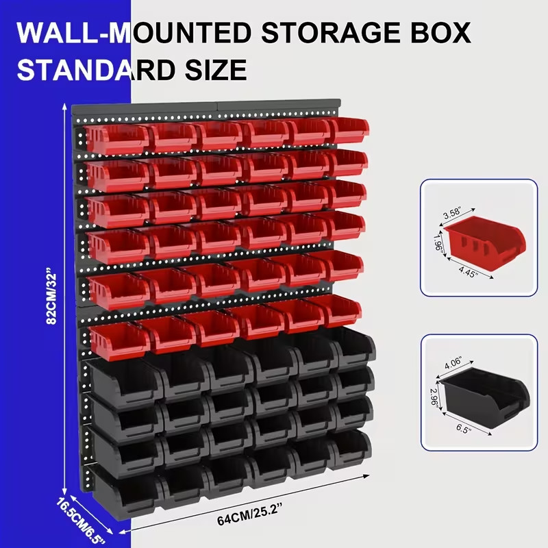 Wall-Mounted Storage Rack System with Bins and Brackets - 60 Pcs Heavy Duty Gara