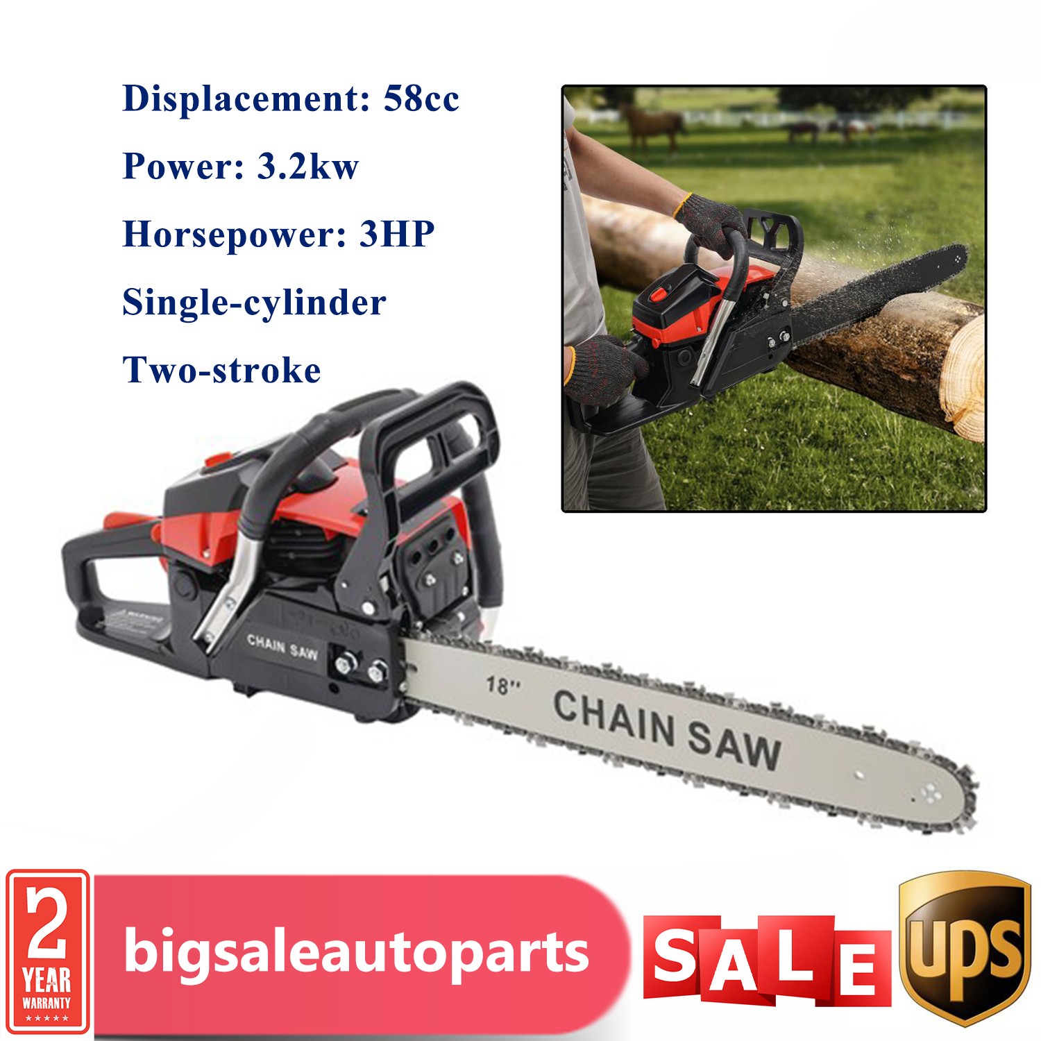 58cc Gasoline Chainsaw Gasoline Powered Chain Saw Engine Cutting 2 Cycle 18" Bar