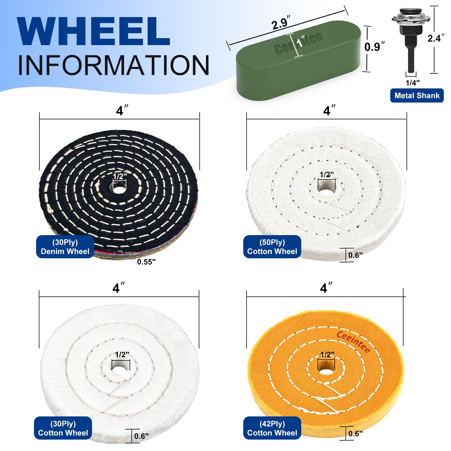 10Pcs 4'' Buffing Polishing Wheel with 1/4'’ Drill Shank， Include 1/2" Arbor ...