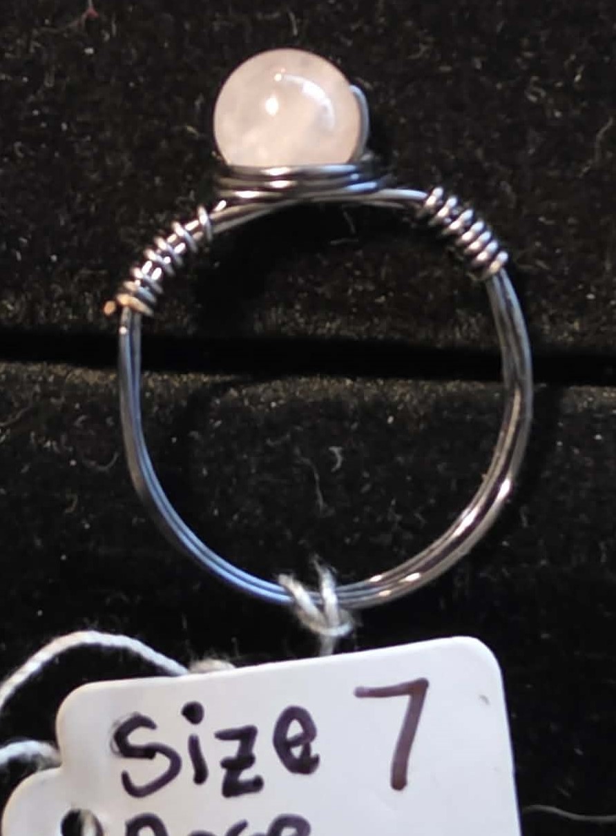 Handmade size 7 wire-wrapped Rose Quartz rings with hematite colored wire