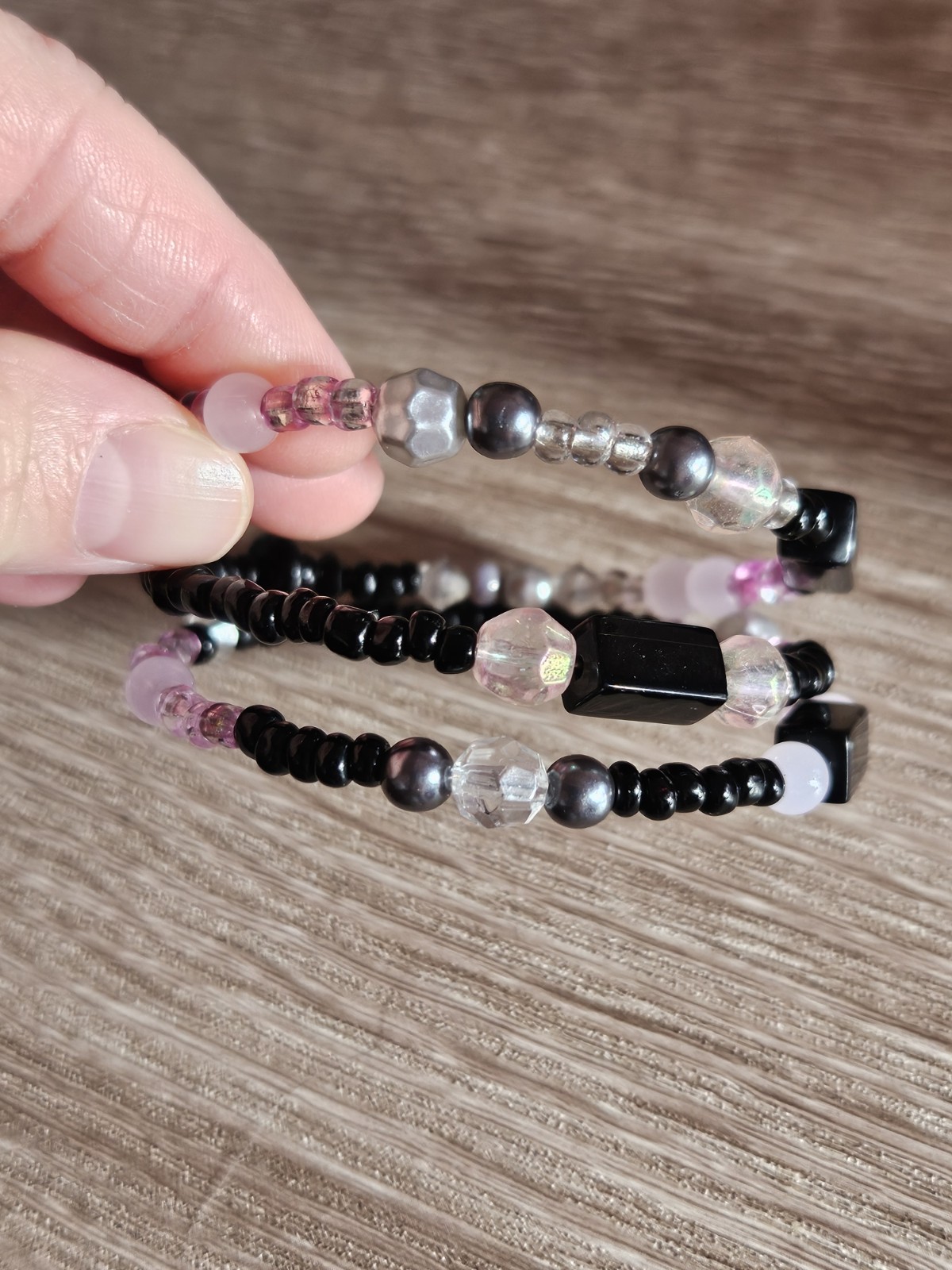 Beaded Coiled Black Pink Grey Bracelet