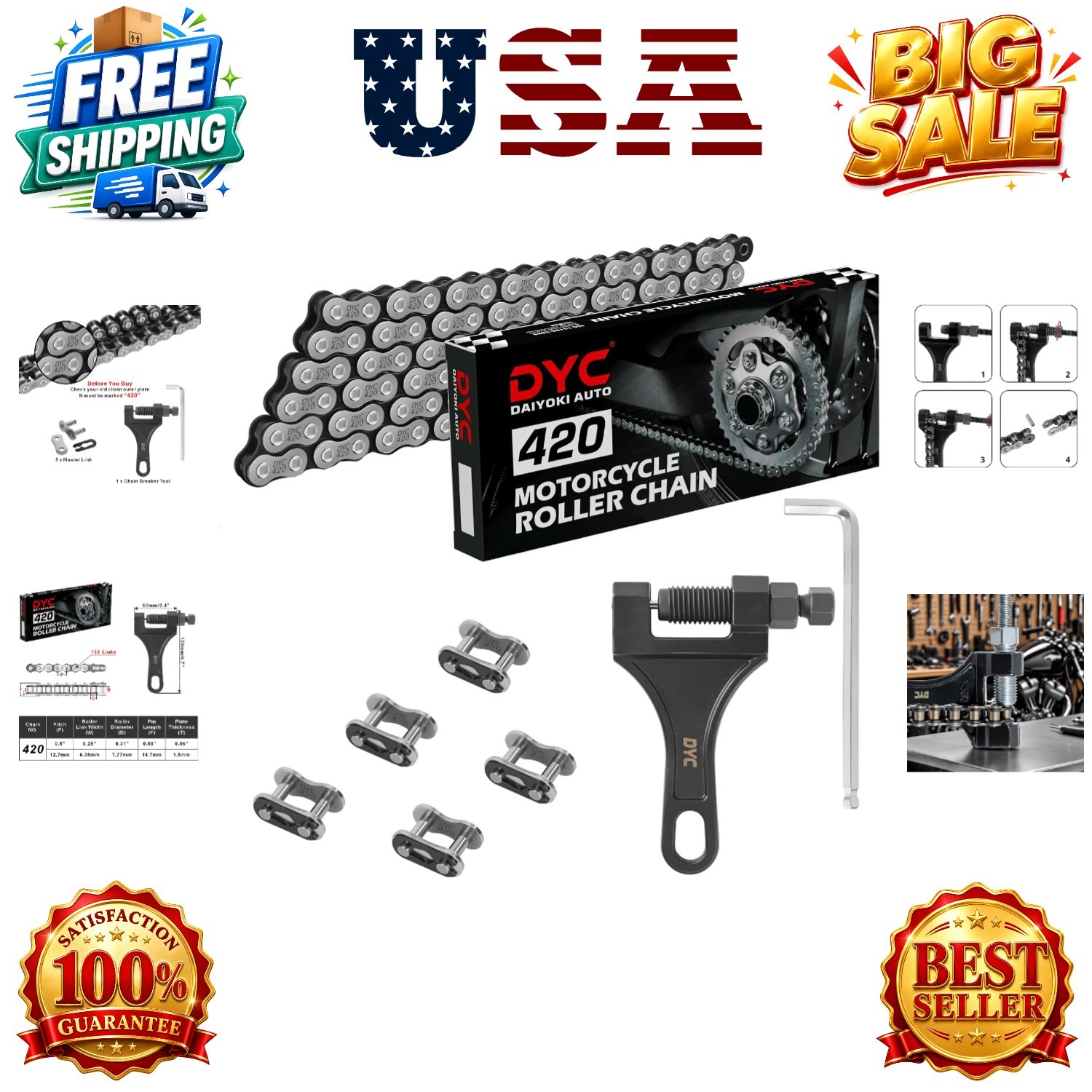 DYC 420 Chain 132 Links with 5 Master Links and Chain Breaker Tool | Cut to f...