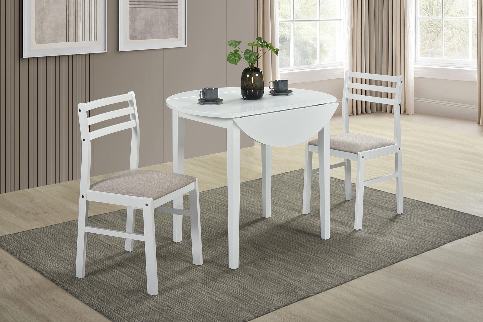 Coaster Bucknell 3-Piece Round Wood Drop Leaf Dining Table Set in White/Beige