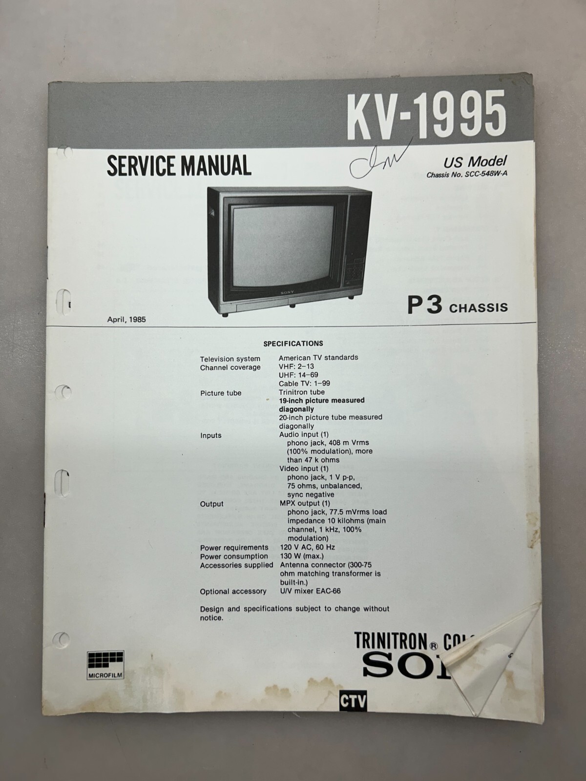 Sony KV-1995 Service Manual Copy From Sony Free Shipping