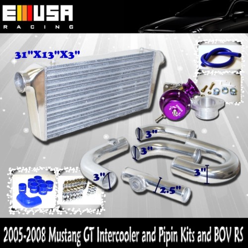 Bolts on 05 06 07 08 Mustang GT Intercooler 31X13X3 & Piping Kit & BOV RS Type