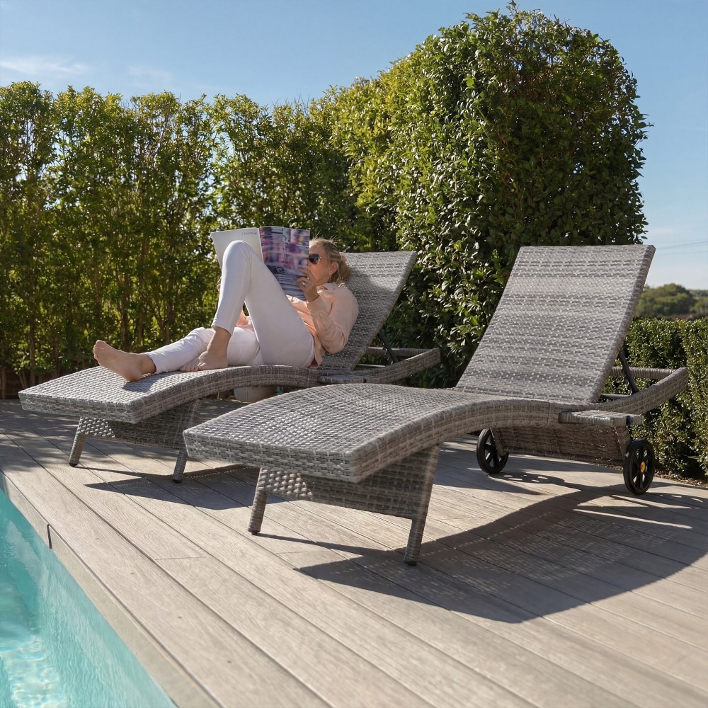 Patio Reclining Chaise Lounge Chairs Set of 2 Outdoor Furniture Wheels Table