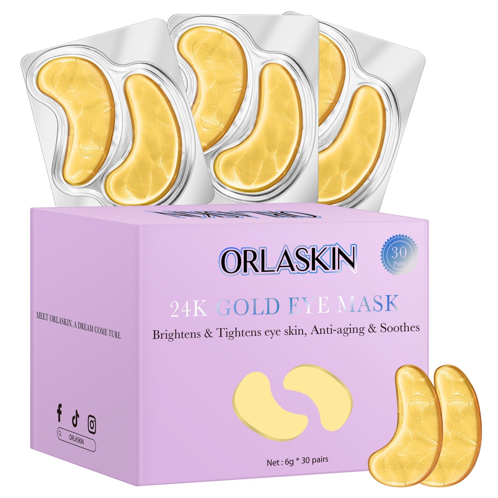 ORLASKIN Under Eye Patches,30 Pairs Mask 11 Count (Pack of 30), 24K Gold