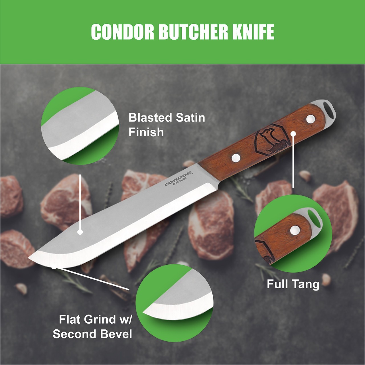 Condor Butcher Kitchen Knife 7.5″ Satin Finish 1075HC Steel Blade Walnut Handle