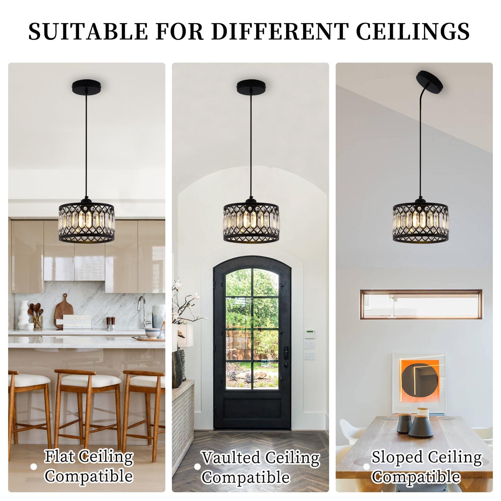 Crystal Black Pendant Light Fixture, Modern Hanging Ceiling Light Adjustable ...