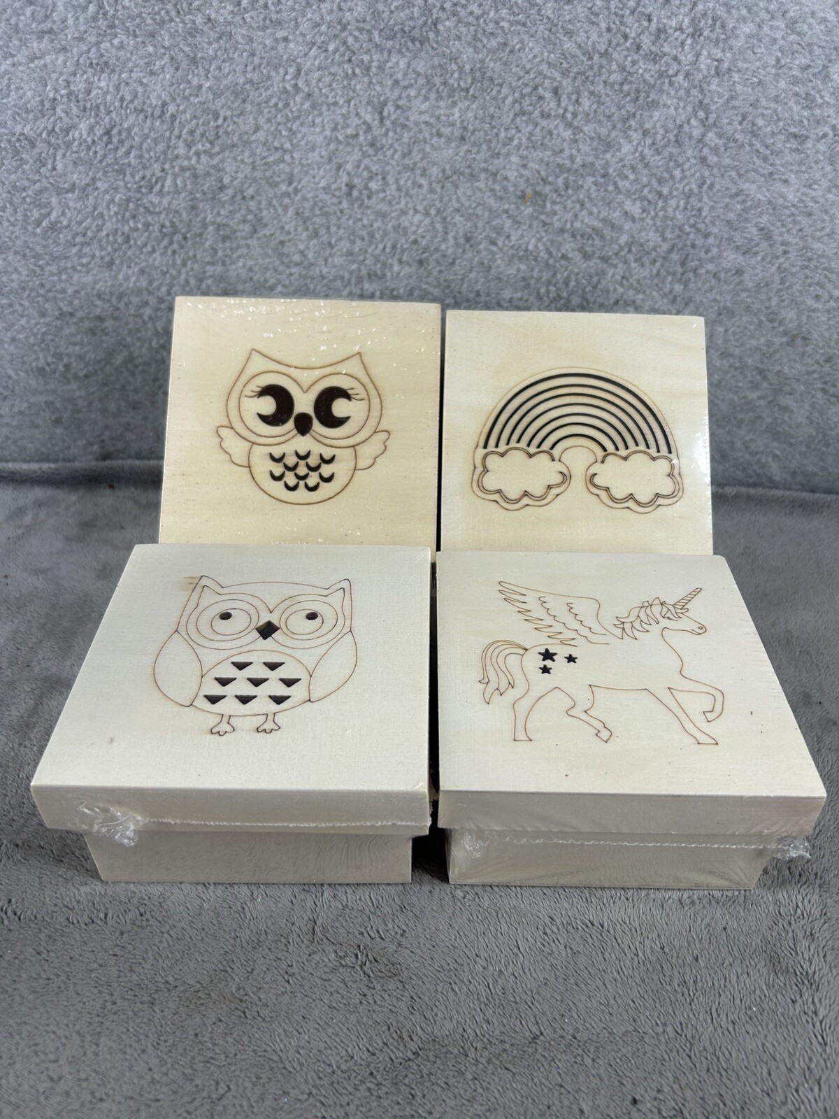 Set Of Four Wooden Trinket Boxes Two Owls Unicorn & Rainbow 4" X 2.5"