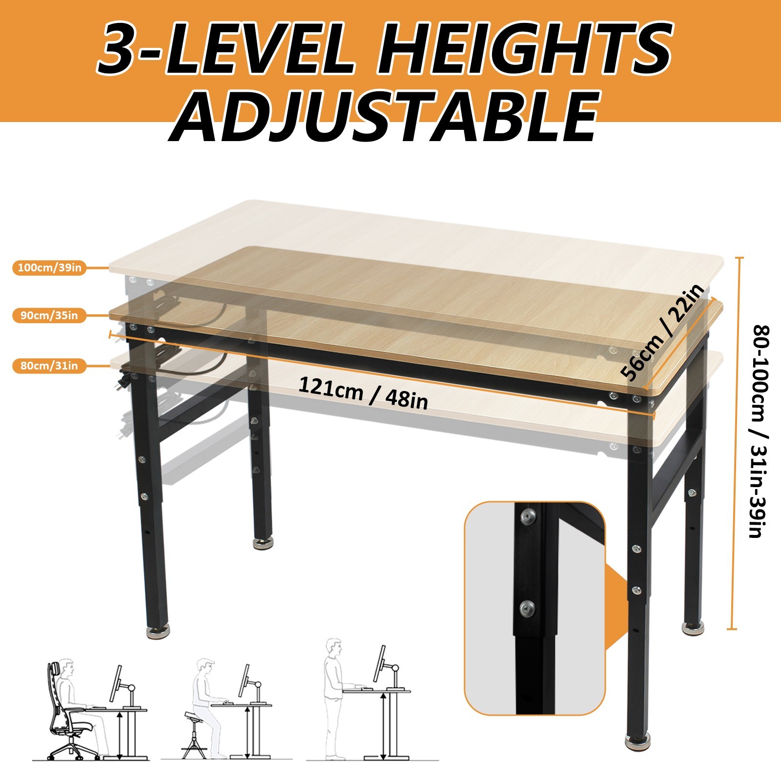 48''/60'' Adjustable Heigh Workbench with Power Outlet Hardwood Work Table