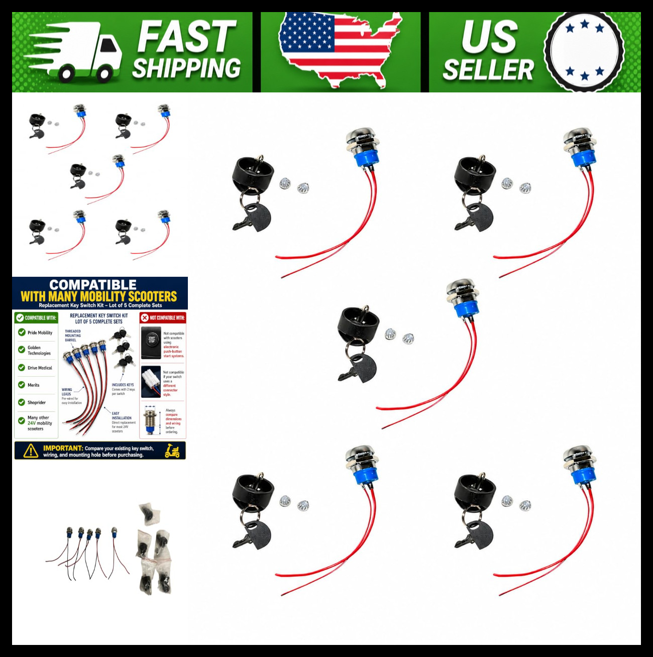 Replacement Ignition Switch with Key for Mobility Scooters - Includes Easy