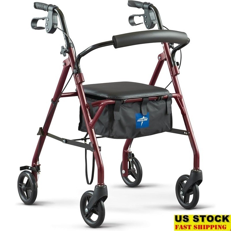 Durable Steel Rollator W/ Padded Seat Easy Grip Handles Foldable Design New