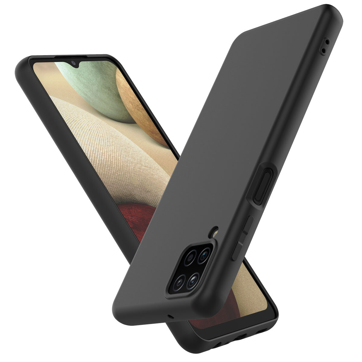 For Samsung Galaxy A12 Silicone Phone Case Skin Cover + Screen Protector Black