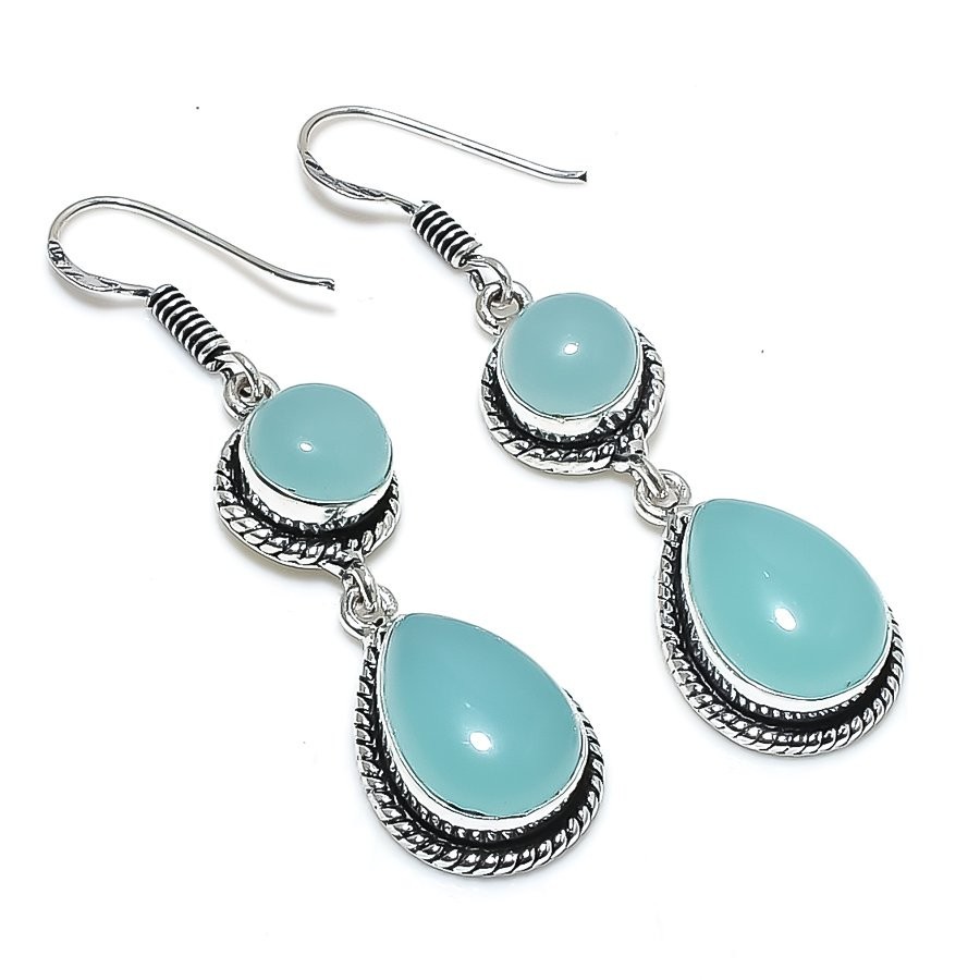 Aqua Chalcedony Handmade Gemstone 925  Sterling Silver Jewelry Earrings Size 2"