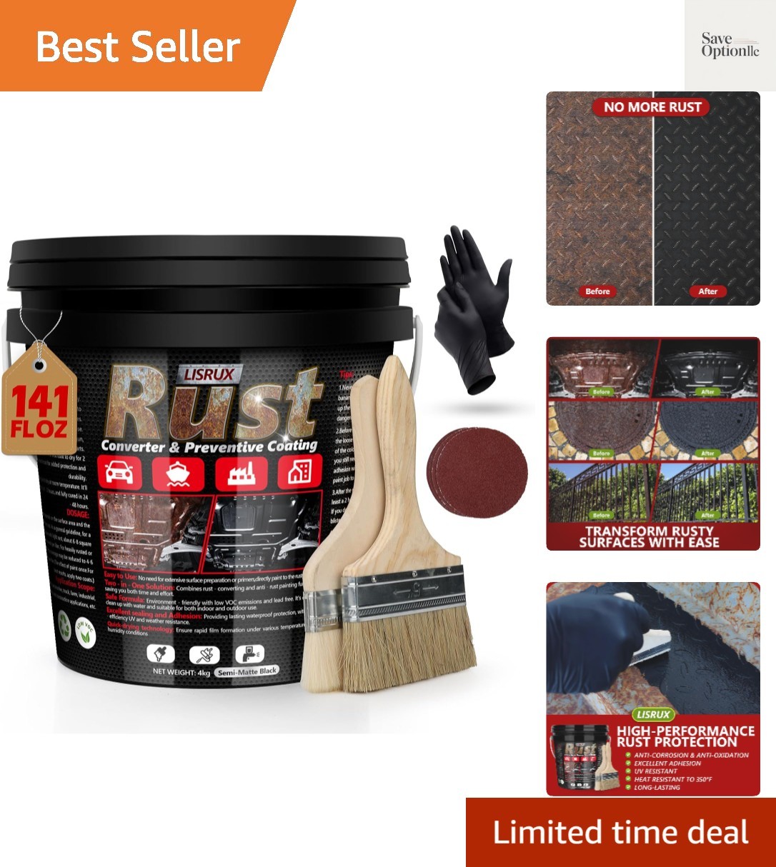 Rust Converter & Metal Primer, 141 Fl Oz Black Rust Inhibitor Paint for Metal...