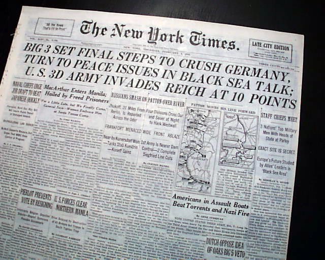 YALTA Conference BIG THREE Meeting Battle of the Bulge Patton WWII1945 Newspaper
