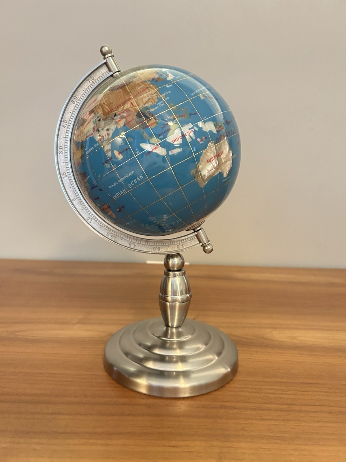 Desk Top Globe Dark Blue Lapis Luzuli & Gemstone Countries Silver Base 11"