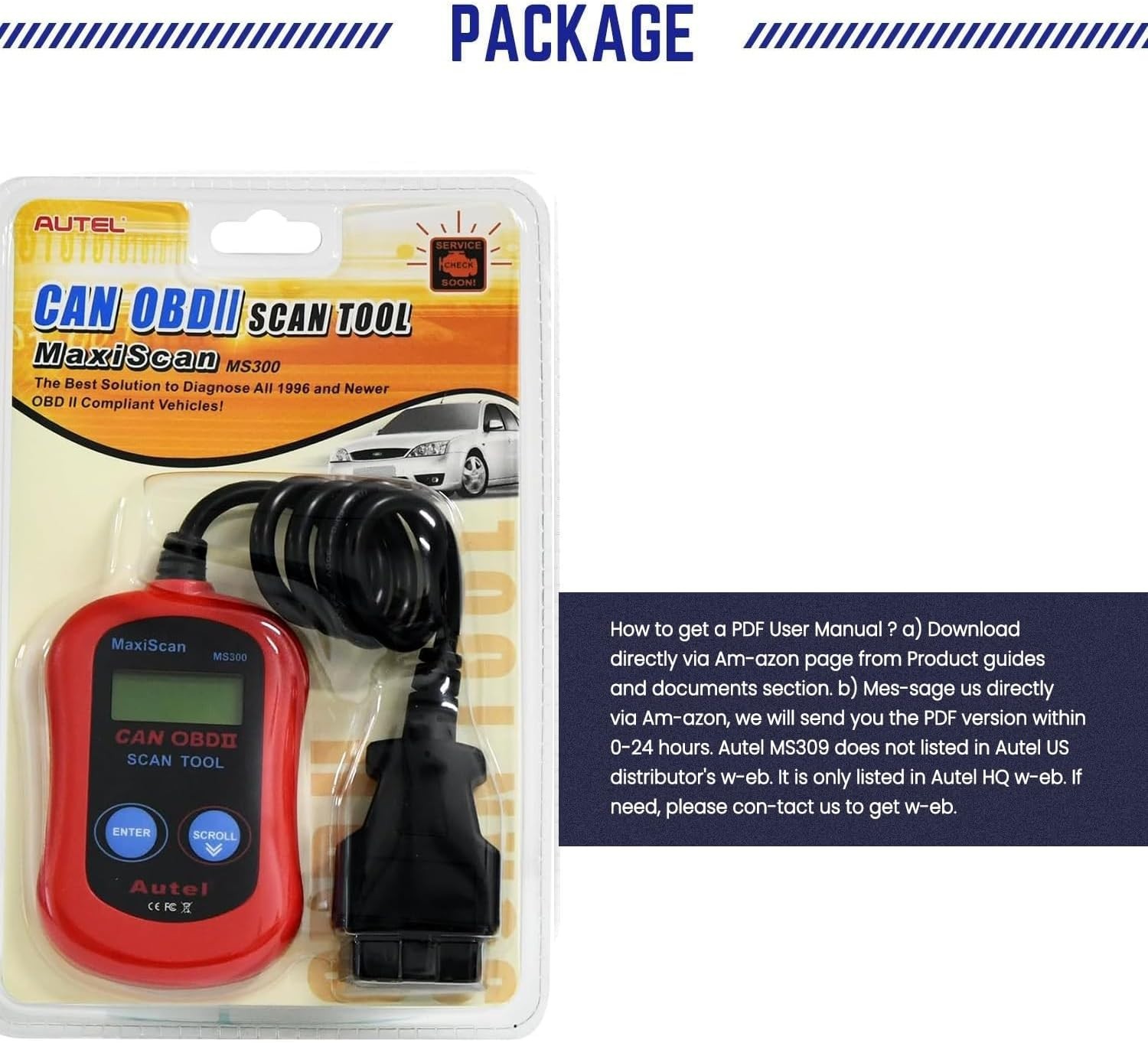 MS300 Scanner Code Reader, Turn Off Check Engine Light, Read & Erase Fault Co...