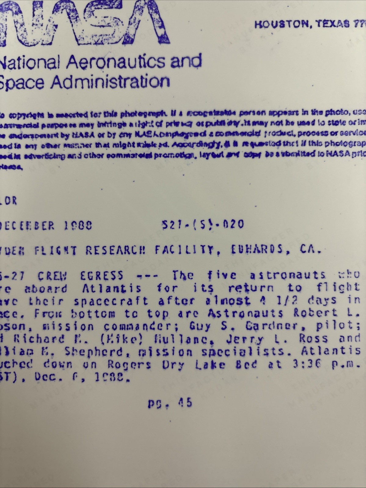NASA STS 27 Atlantis Crew Deboard Space Shuttle Black Numbered Press Photo