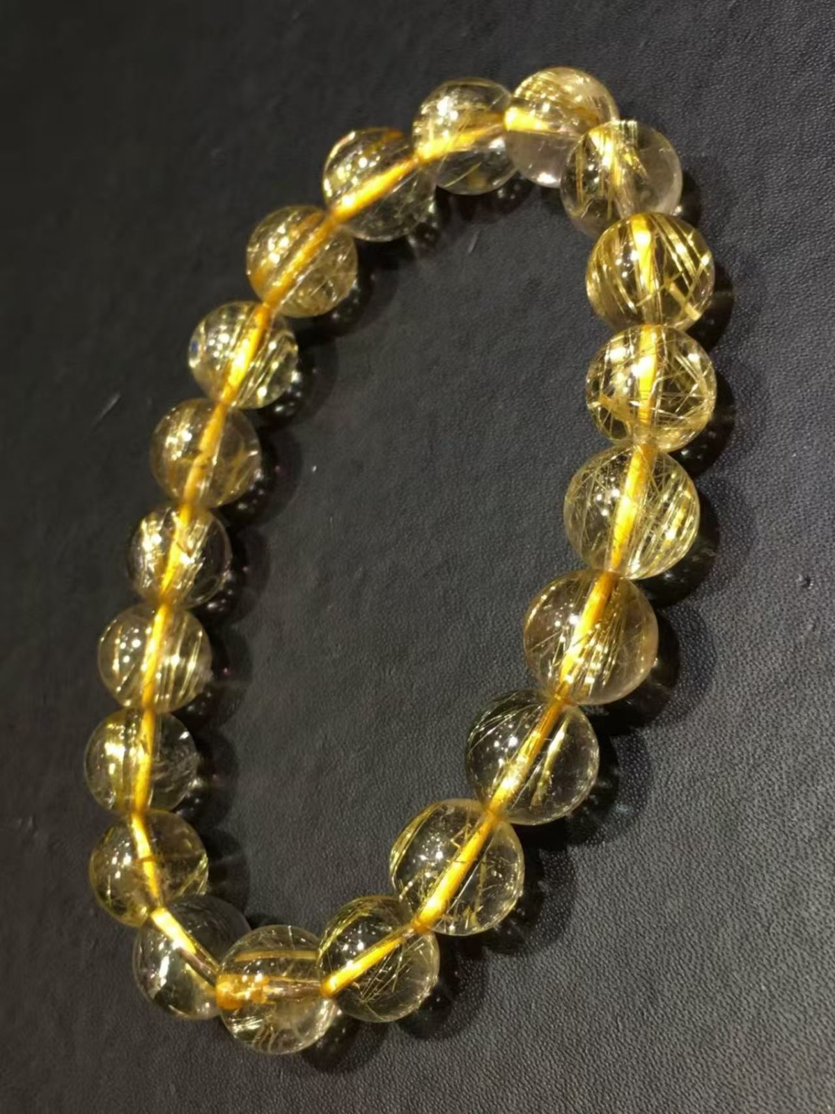 Natural Gold Hair Rutilated Quartz Crystal Round Bead Stretch Bracelet