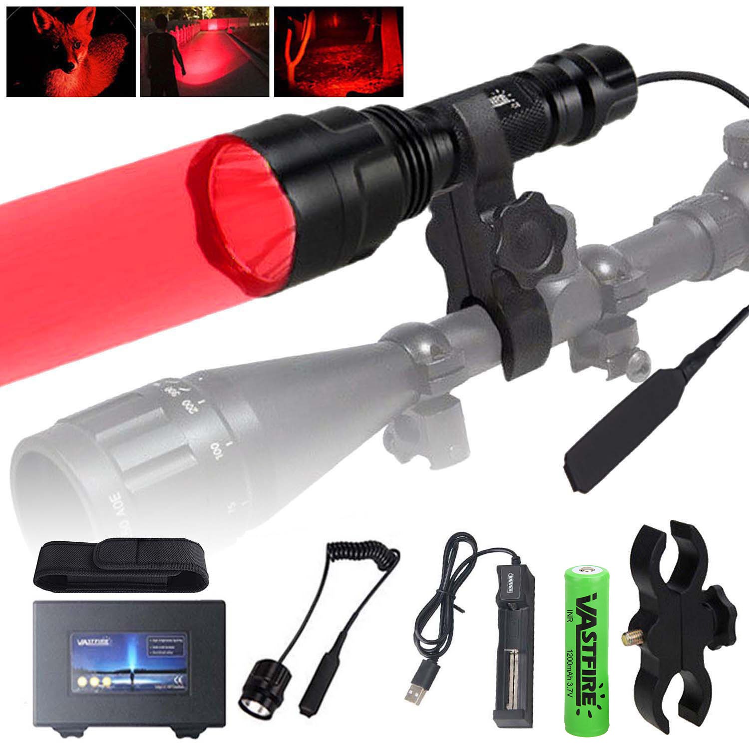 Mounted Light, Red LED Flashlight Torch, With Scope Mount Coyote Varmint Hunting