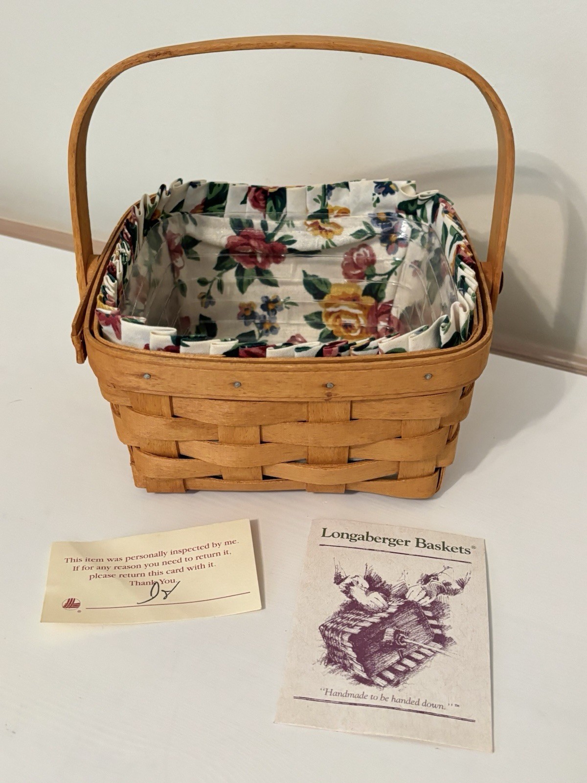Longaberger Medium Berry Basket 11428 Floral Liner Plastic Insert Handle 1995