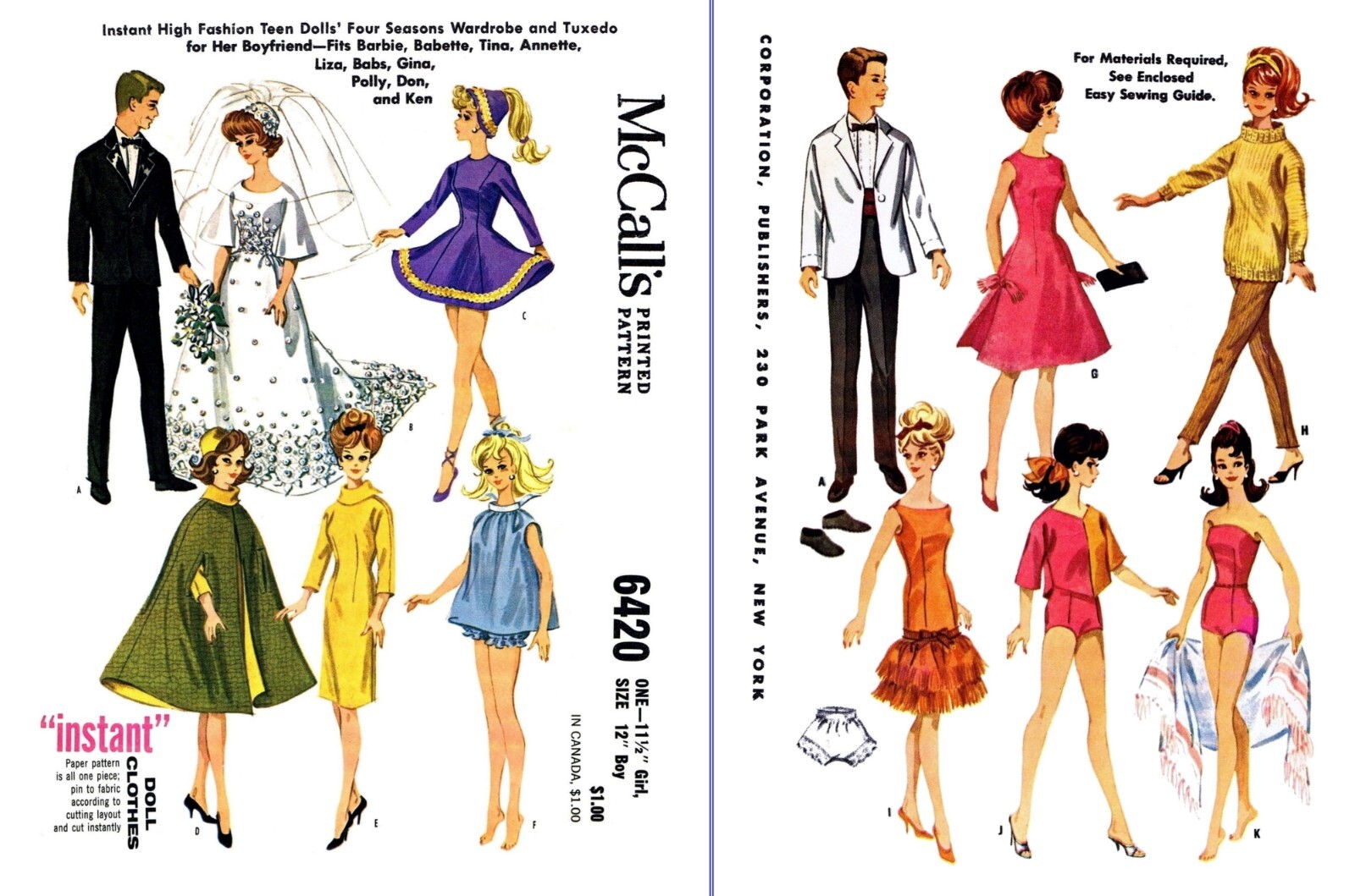 BARBIE & KEN Sewing Pattern McCall's 6420 Fashion Doll Sewing and Knitting