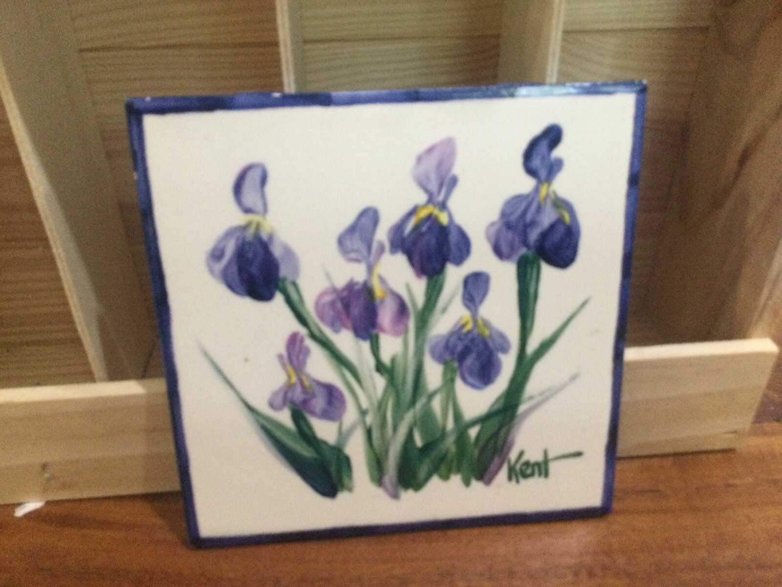 Hand Painted Tile Purple IRISES  Signed KENT 6"x6"   minorcorner glaze nicks