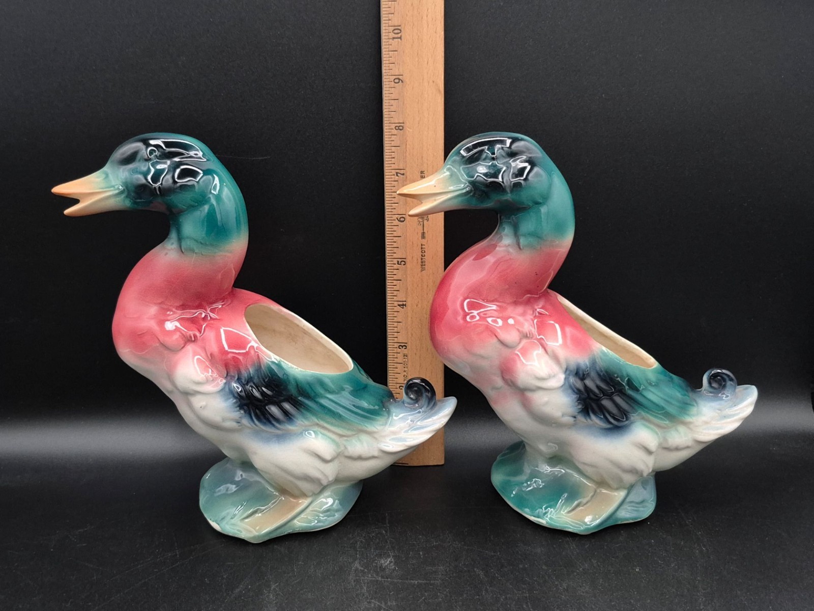 Set Of 2 Royal Copley Ceramic Mallard Duck Planter Vases, 8"