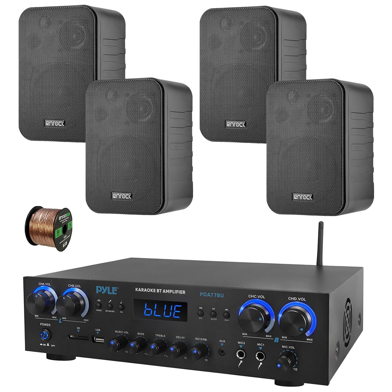 Pyle PDA77BU 4-Channel Home Audio Bluetooth Receiver, 4x 4" 30W Speakers, Wire