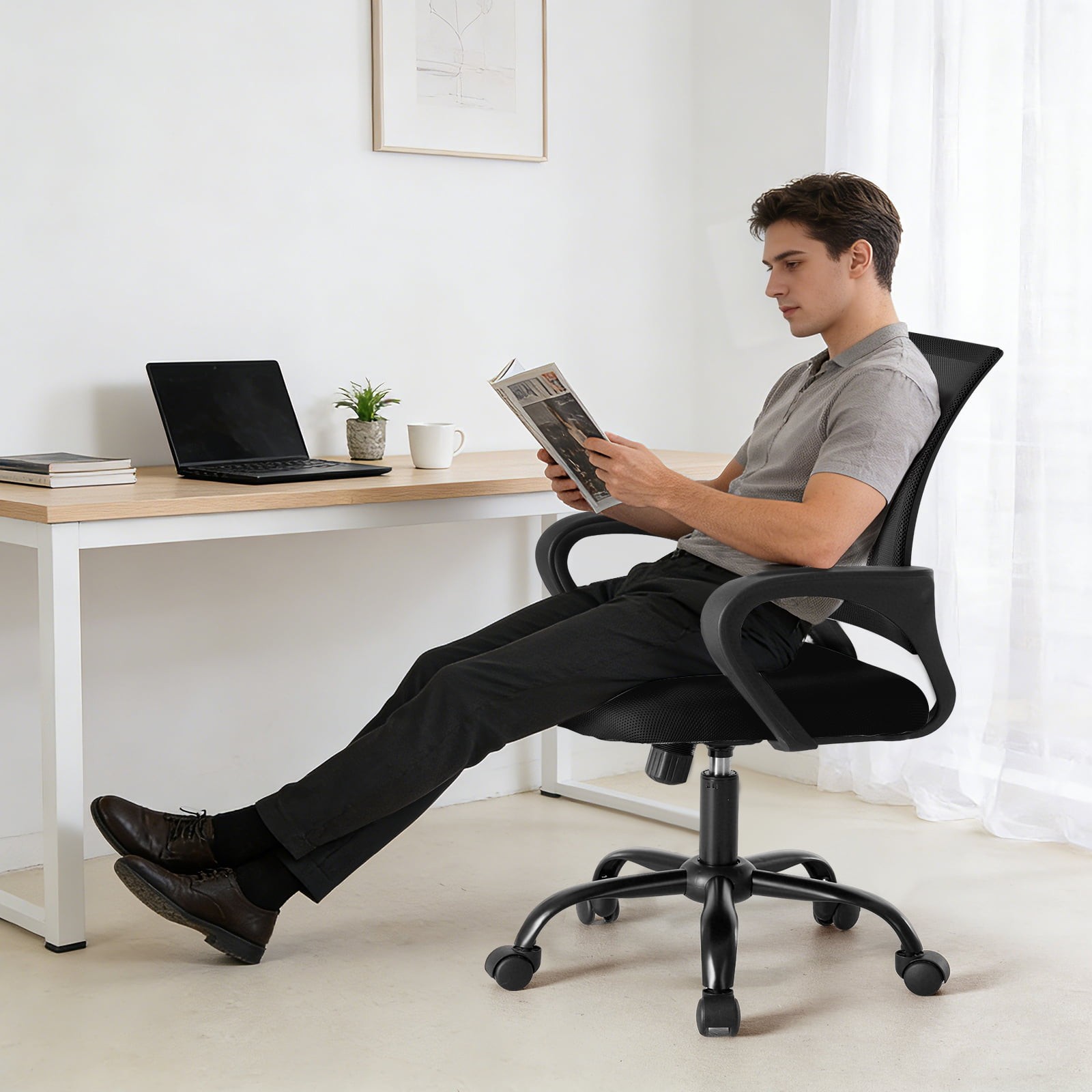 Ergonomic Office Chair Mid-Back W/ Lumbar Support Rocking & 360° Swivel Home