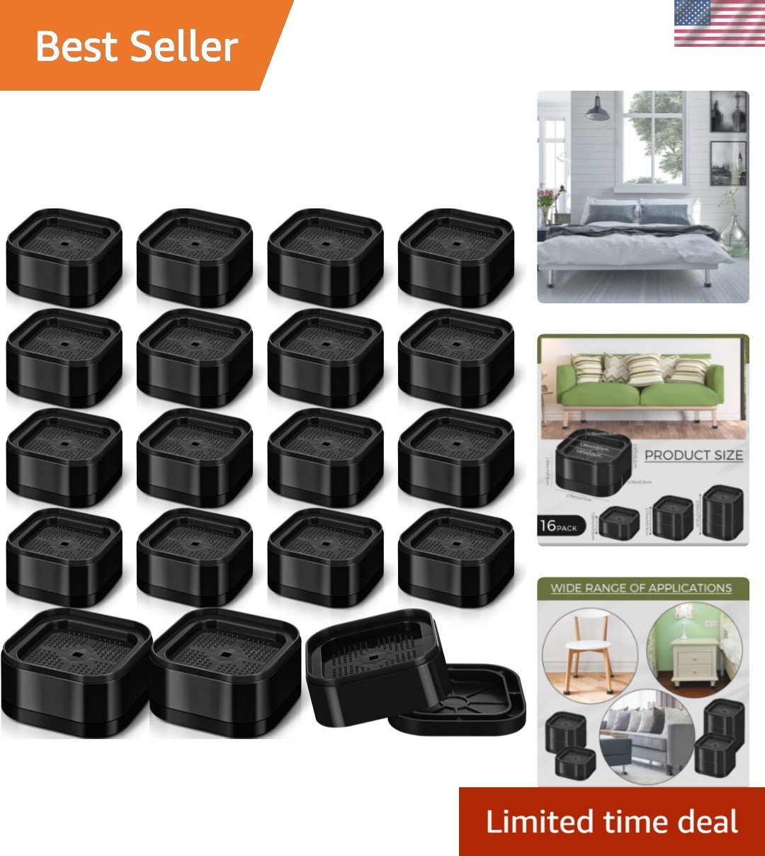 16 Pack Furniture Risers Adjustable Bed Risers Desk Leg Risers 1.38" Stackabl...