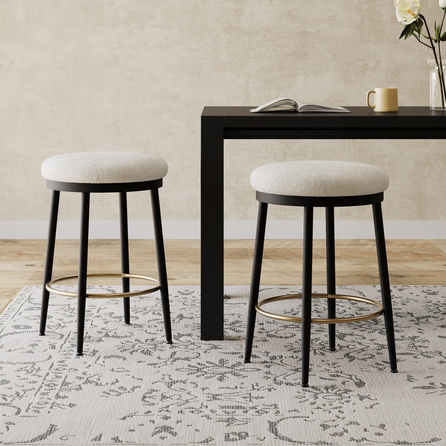 Set of 2 Bar Stools Counter Height Upholstered Kitchen Island Stools w/ Footrest