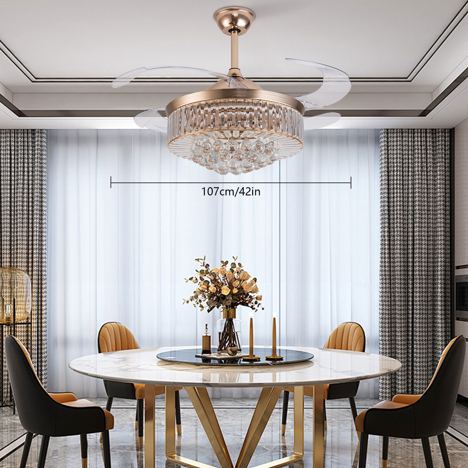 42" Invisible LED Ceiling Fan Light Crystal Retractable Chandelier Lamp W/Remote