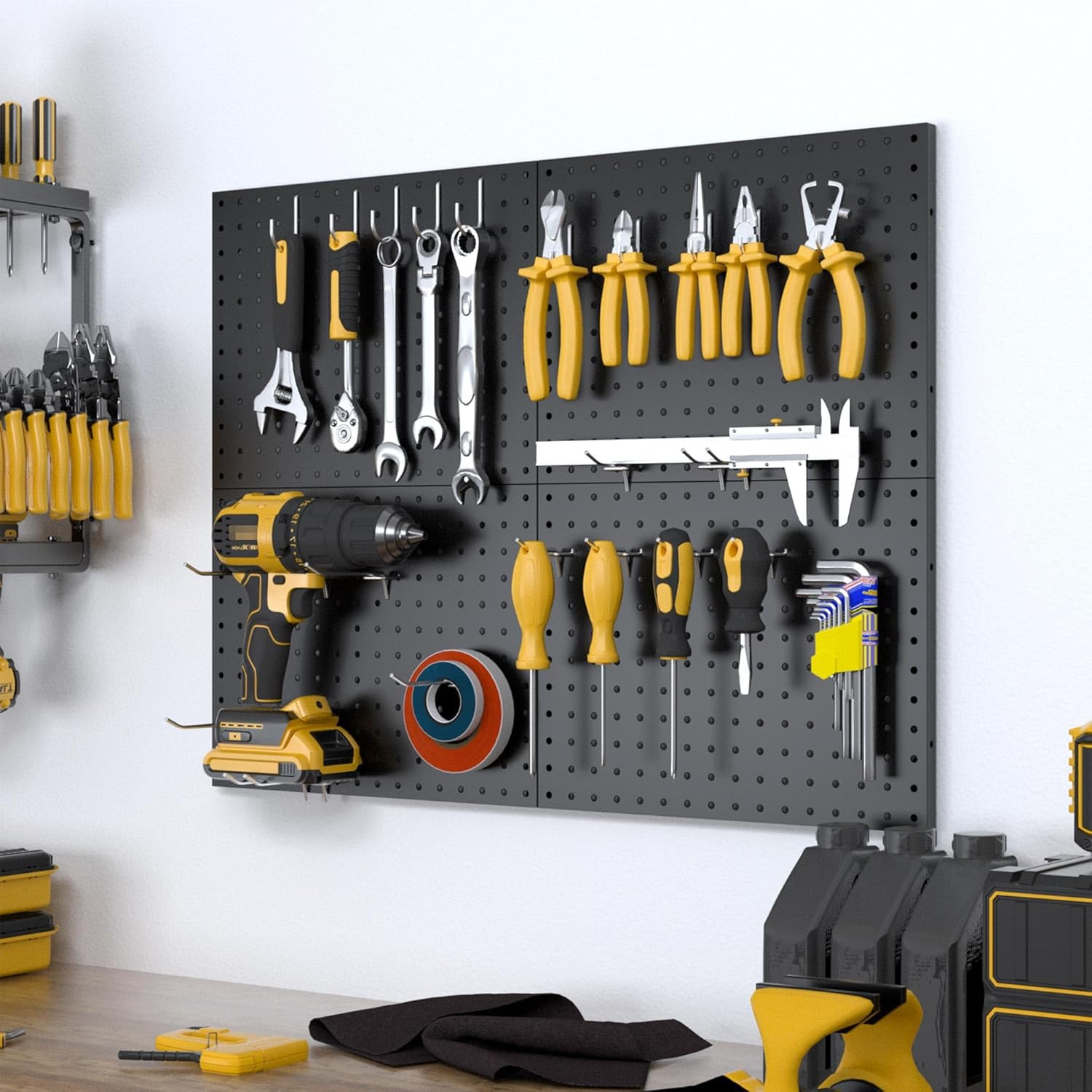 Peg Board, 4 Pack Metal Pegboard Panels with 50 Hooks, Black Pegboards Wall Orga