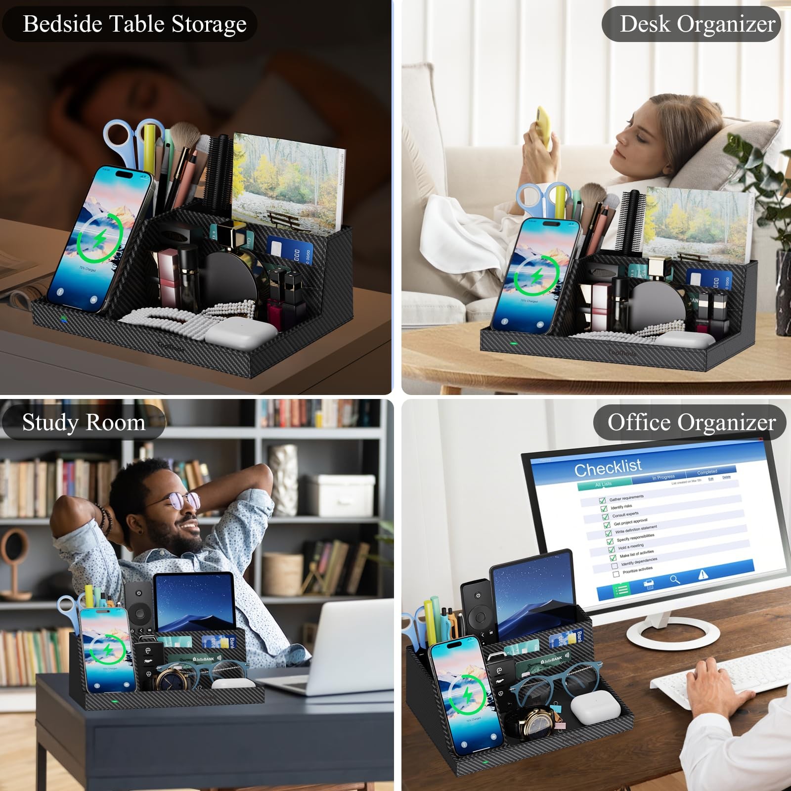 Wireless Charger Nightstand Organizer, Multi-Functional Leather Home Office S...