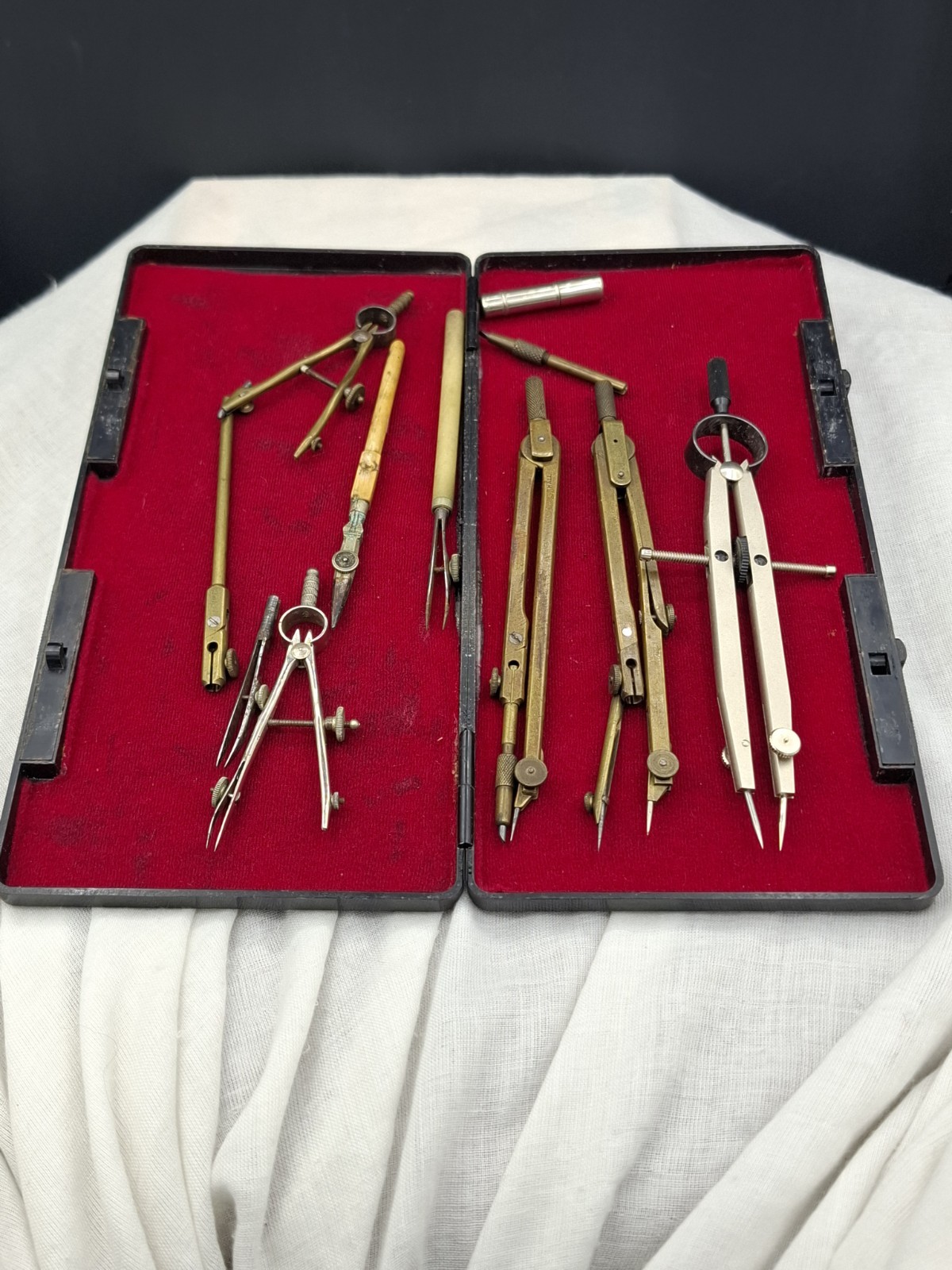 Vintage Drawing Set In Case Compass Protractor Measuring Tools