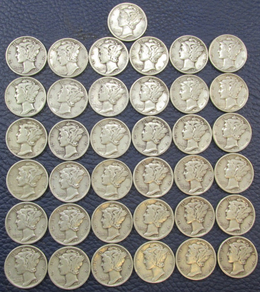 1943 P Mercury 90% Silver Dimes - Lot Of 37 Condition Varies b