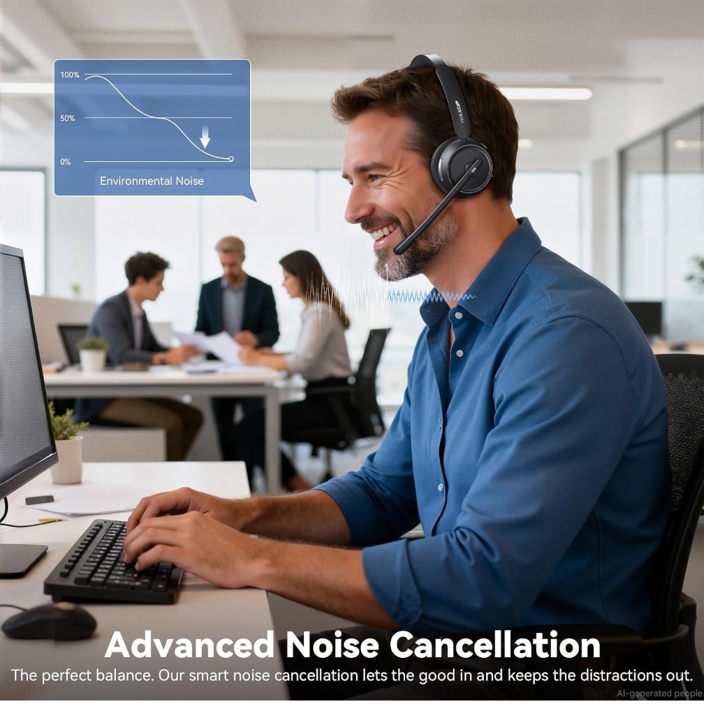 Waxop Wireless Headset For Work With Microphone And Noise Cancelling Black
