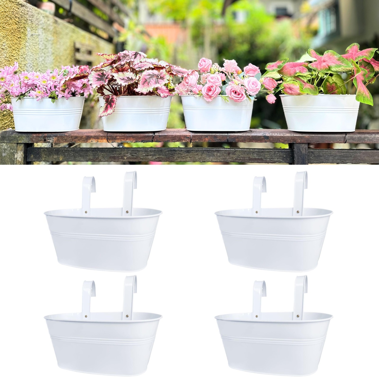 Outdoor Rail Planters 4Pack  11.2" White Metal Hanging Flower Pots