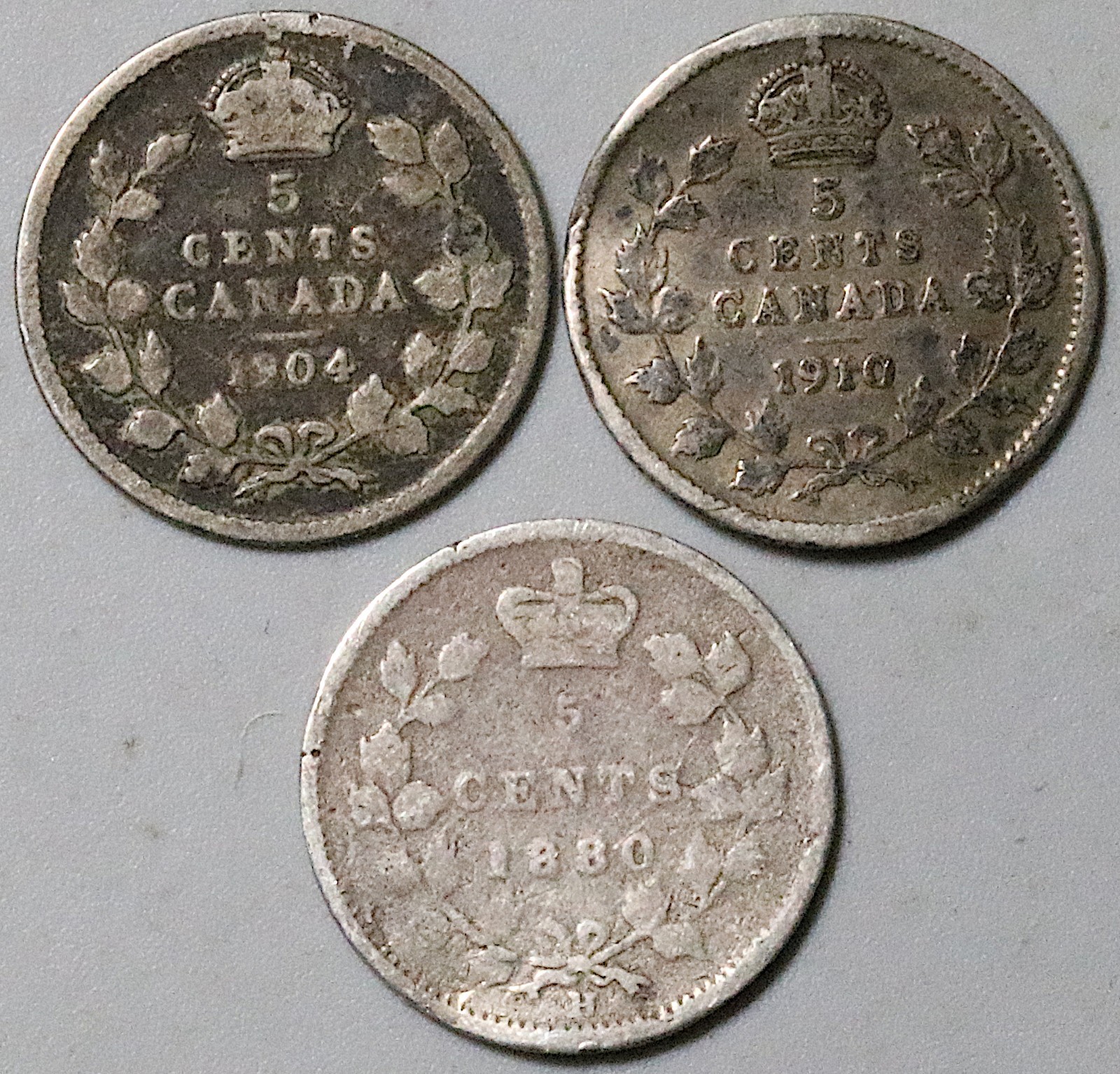1880 1902 1910 Canada 5 Cents Victoria Edward VII 3 Pcs Silver Coins (26072902R)