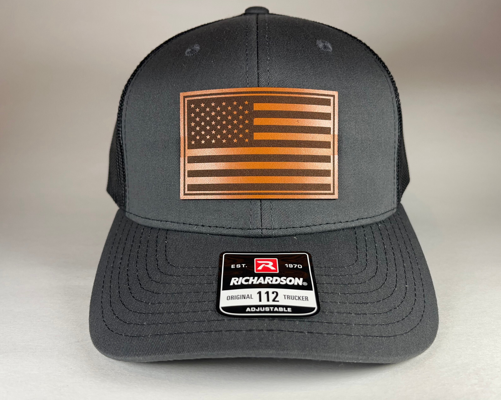 Richardson 112 American Flag 6 Panel Snapback Trucker Mesh Hat Leather Patch