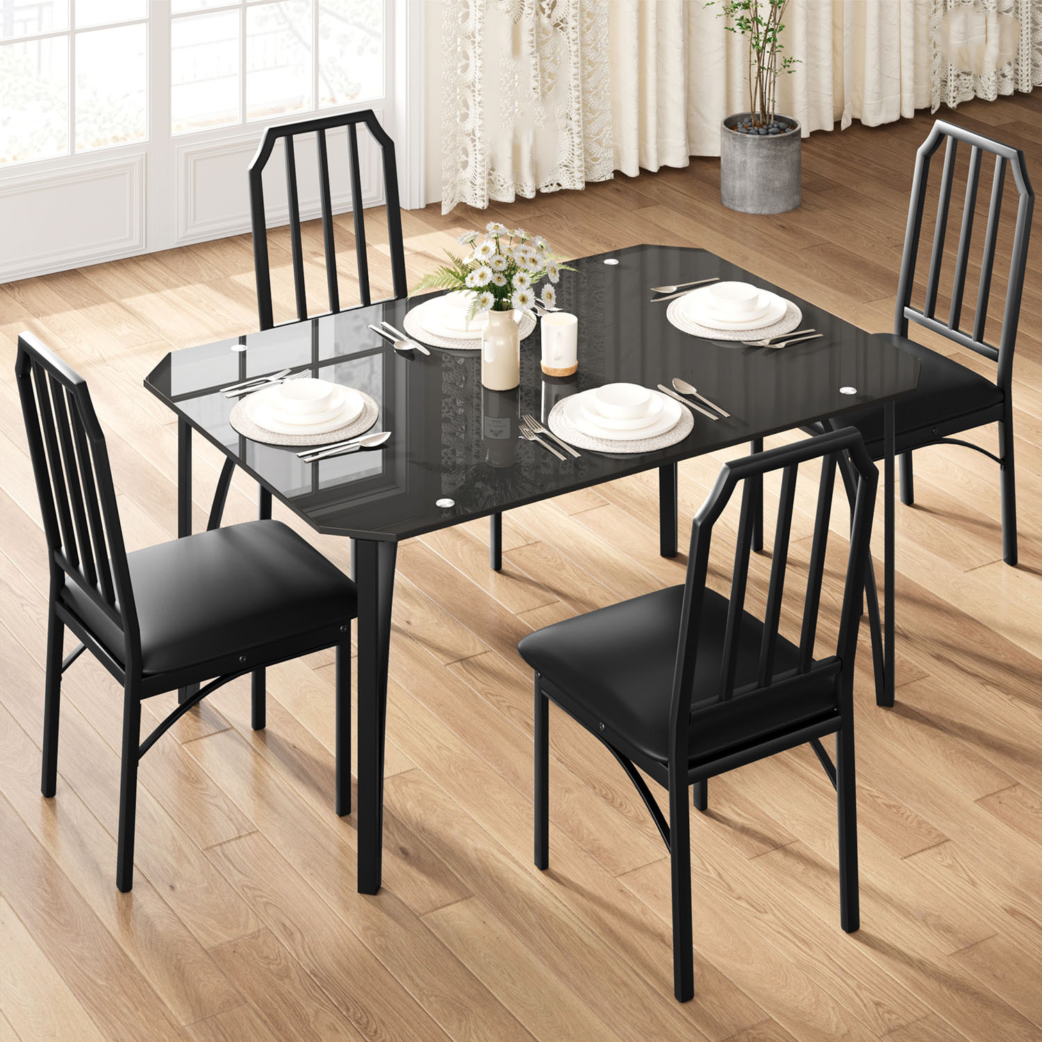 3/5 Pieces Kitchen Dining Table Set with Glass Tabletop, Upholstery Seat Chairs