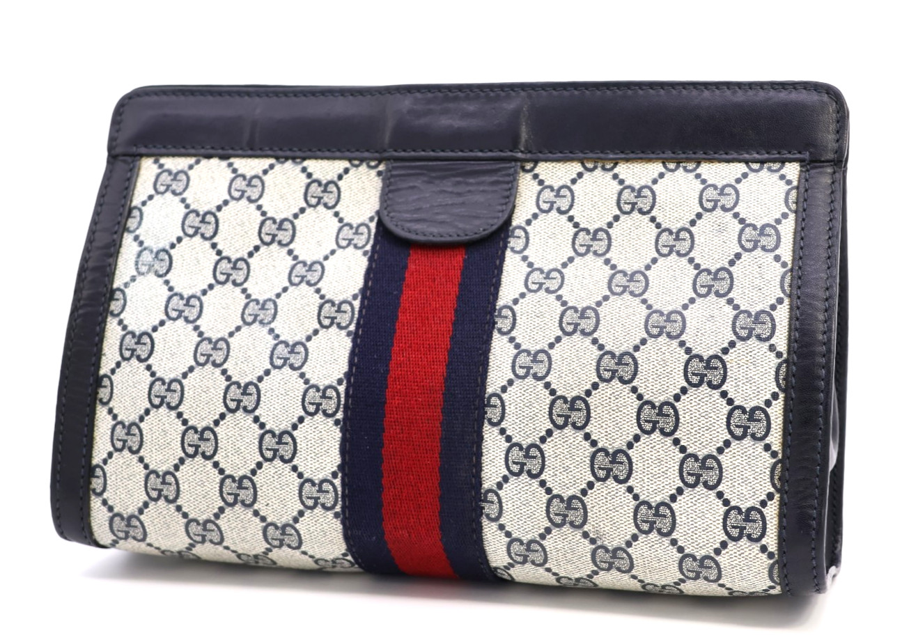 GUCCI VINTAGE GG Supreme Clutch Bag Sherry Navy Medium Classic Authentic