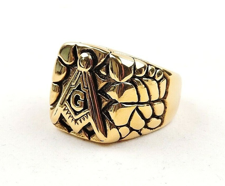 Stainless Steel Gold Plated Stone Texture Masons Ring - Free Gift Packaging