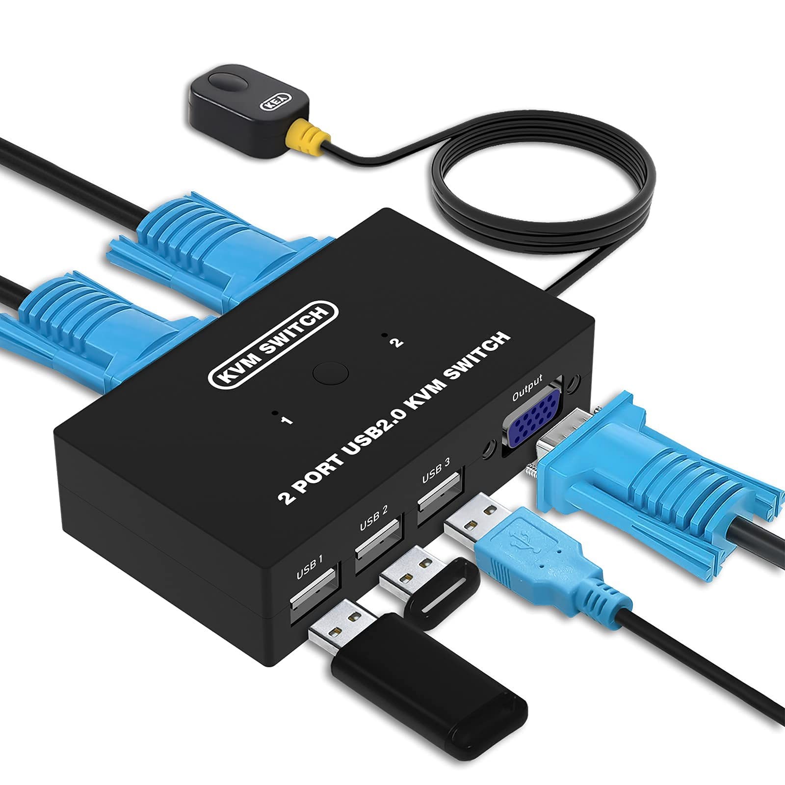 USB VGA KVM Switch for 2 PC Sharing 1 Video Monitor and 3 USB Devices, Keyboa...